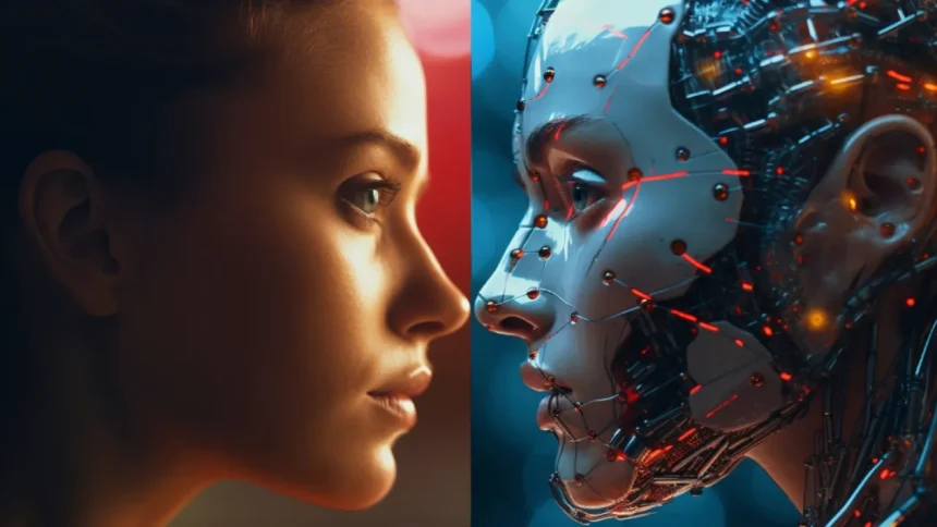 Side-by-side profiles of a human face and a robotic face, symbolizing the interaction between humanity and artificial intelligence.
