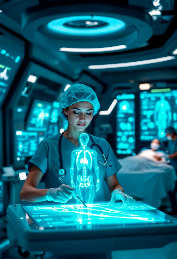 A doctor interacting with a glowing holographic human skeleton in a futuristic medical setting, representing AI in healthcare.