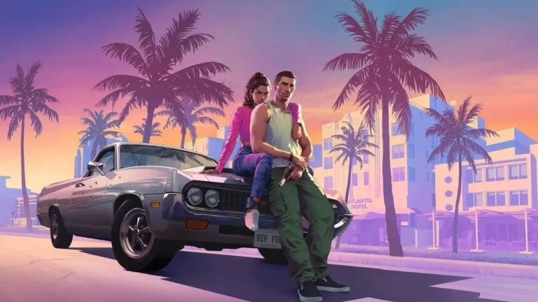 GTA 6 main characters Jason and Lucia sitting on a muscle car in Vice City setting