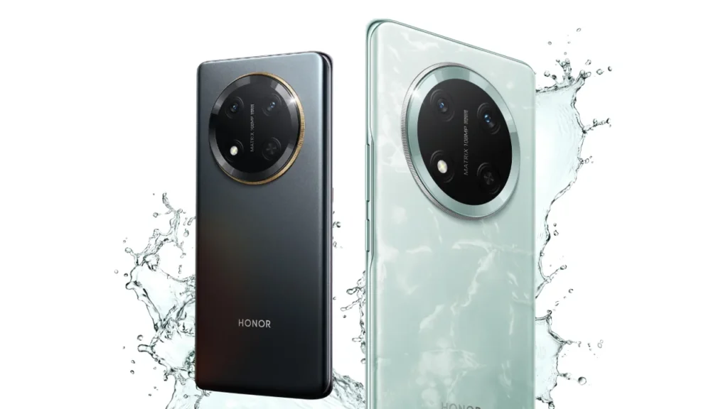 Two Honor X9c 5G smartphones, one black and one light green, with water splashing around them, highlighting their camera modules.