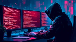 Hacker using multiple monitors to launch cyberattack in dark room