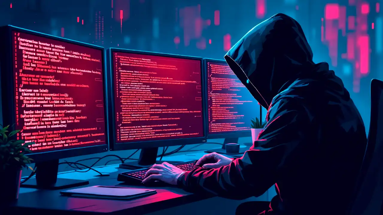 Hacker using multiple monitors to launch cyberattack in dark room