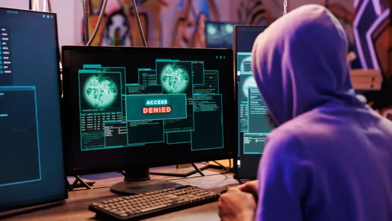 Hacker wearing hoodie facing "Access Denied" message on computer screen