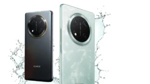 काले और हल्के हरे रंग में Honor X9C 5G स्मार्टफोन पानी के छींटों के साथ