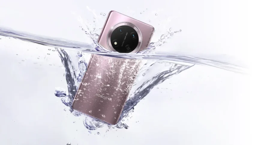 Honor X9C 5G smartphone in pink being splashed with water, demonstrating water resistance.