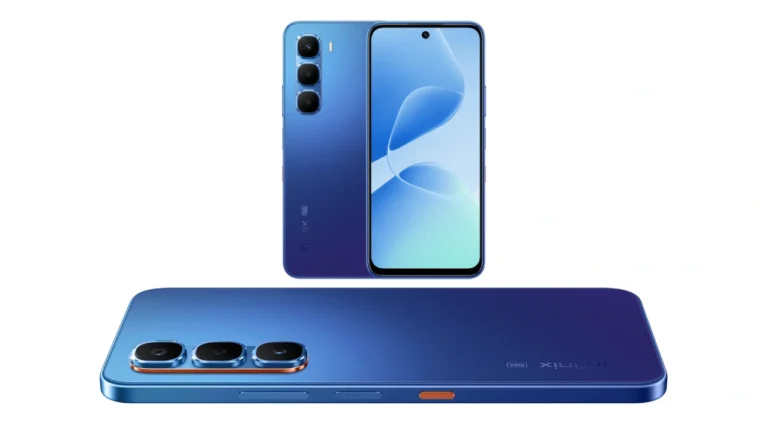 Infinix HOT 60 5G+ Launched at ₹10,499: Get 12GB RAM, 5,200mAh Battery & 5G Plus Speed 3 Infinix Hot 60 5G+ smartphone in a gradient blue color, shown from multiple angles.