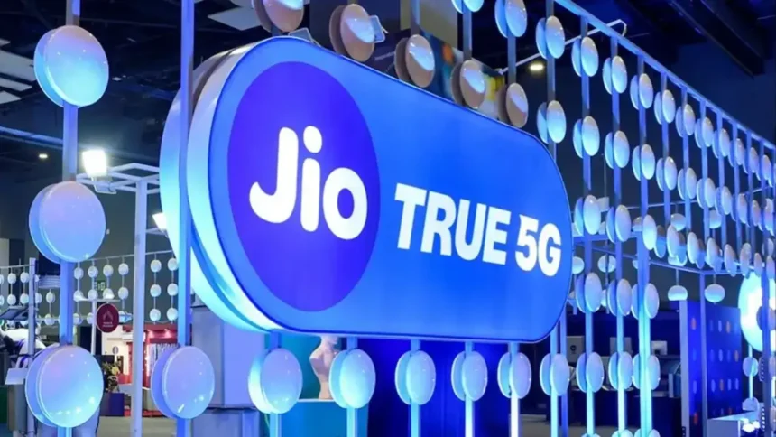 Jio True 5G logo at a telecom exhibition setup