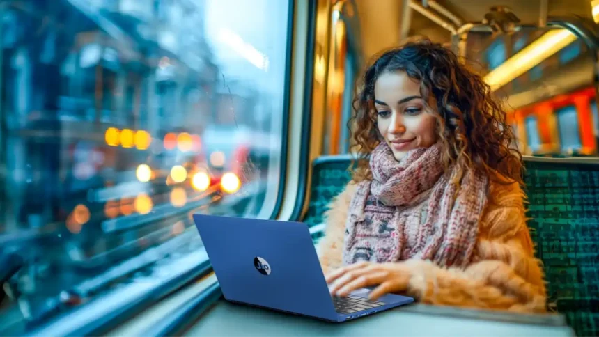 Woman using JioBook 11 laptop while traveling on a train