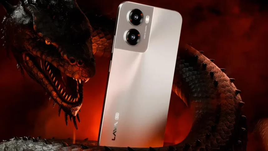 Lava Blaze Dragon 5G smartphone with dual rear cameras and dragon-themed background