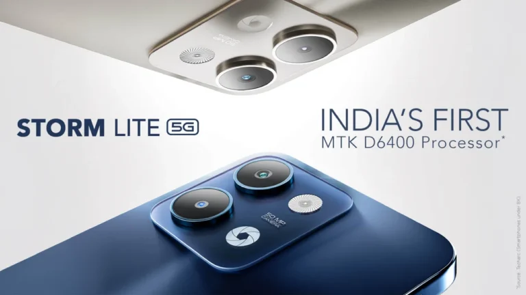 Lava Storm Lite 5G smartphone showcasing its dual camera setup and India's first MTK D6400 processor.