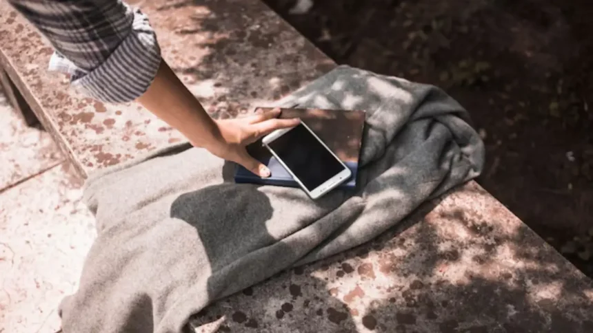 A person picking up a lost smartphone from a bench