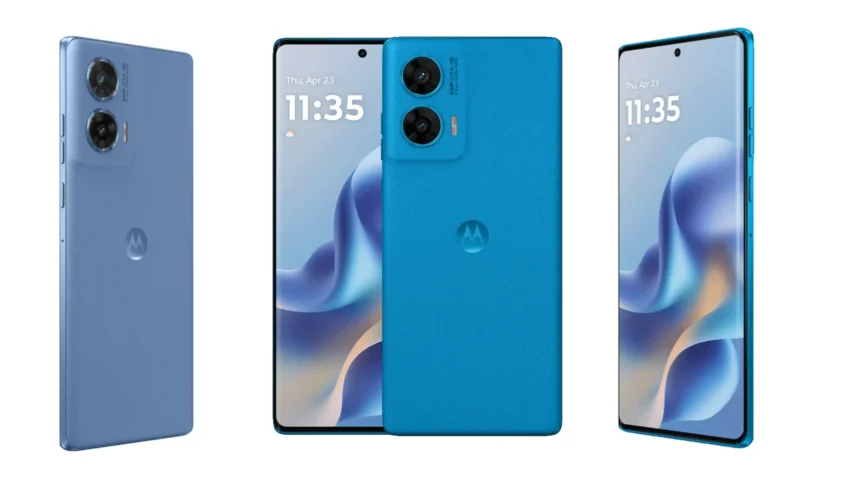 Moto G96 5G with vegan leather finish, curved pOLED display, and dual rear cameras in blue color