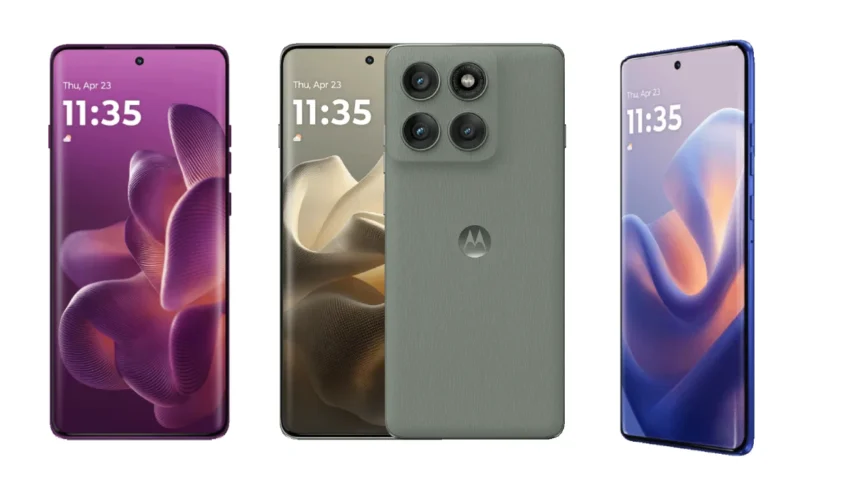 Motorola Edge 60 Pro in Pantone Shadow, Dazzling Blue, and Sparkling Grape color options