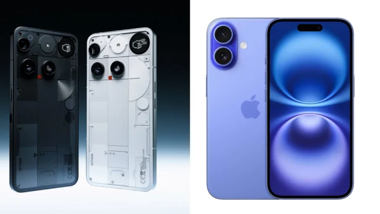 Nothing Phone 3 vs Apple iPhone 16: Which Flagship Offers Better Value Under ₹80,000? 8 Nothing Phone 3 (Black and White) vs Apple iPhone 16 (Blue) front and back design comparison