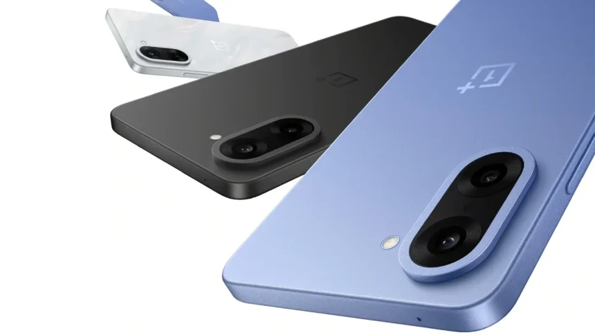 Three OnePlus Nord CE5 smartphones in blue, black, and white, showcasing their camera modules and back designs.