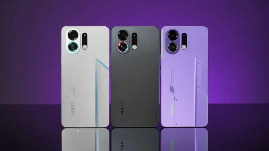 Oppo K13 Turbo smartphones in white, black, and purple with RGB ring lighting and gaming design