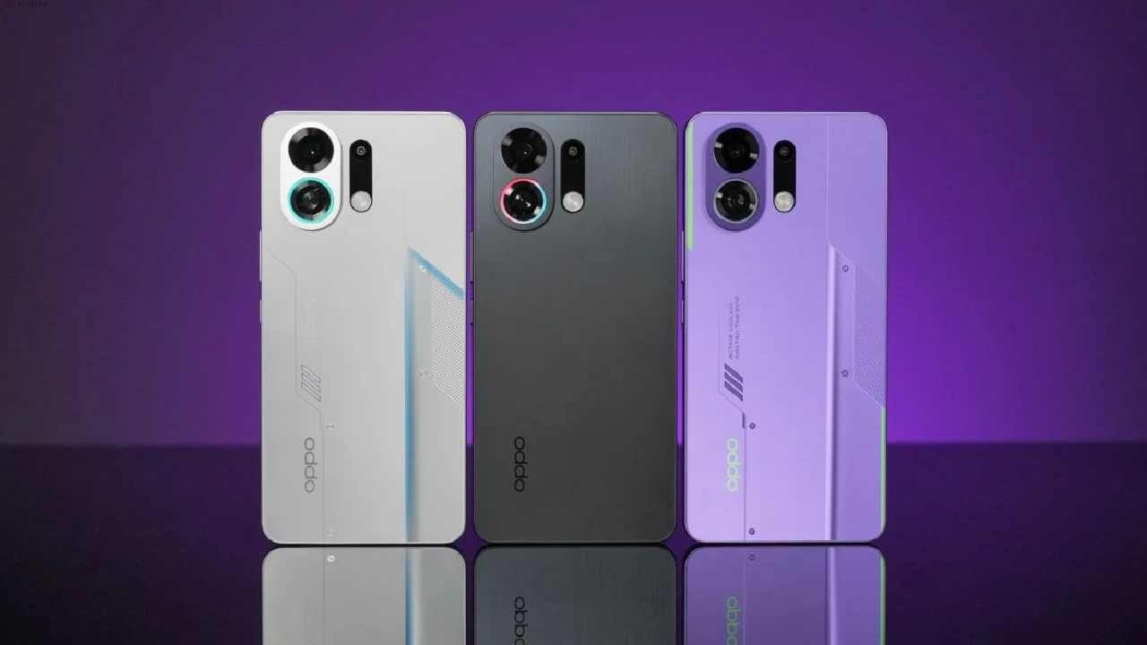 Oppo K13 Turbo smartphones in white, black, and purple with RGB ring lighting and gaming design