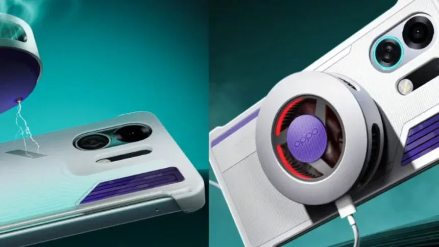 Oppo K13 Turbo Pro smartphone with built-in active cooling fan and waterproof design
