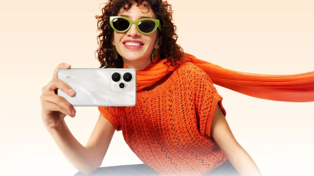 Model with Realme 15 5G Flowing Silver variant