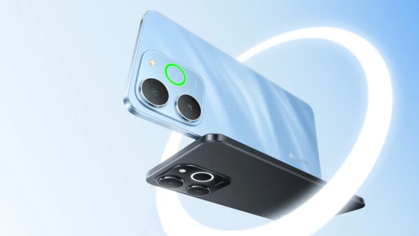 Realme C71 smartphone in blue and black colour variants with dual rear cameras