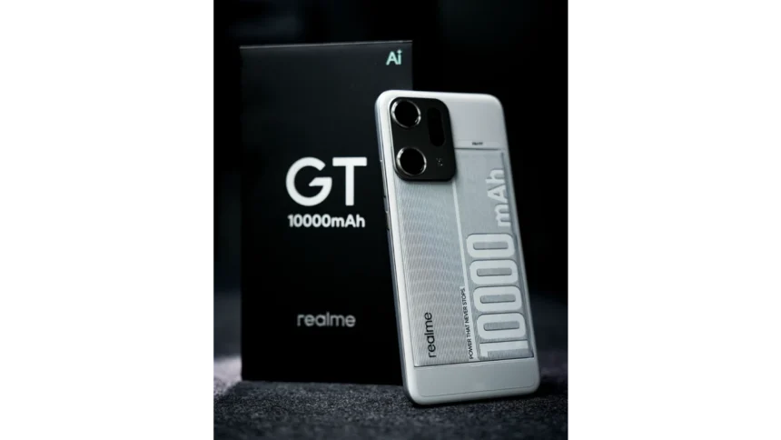 Realme GT smartphone featuring a massive 10000mAh battery and dual rear cameras.