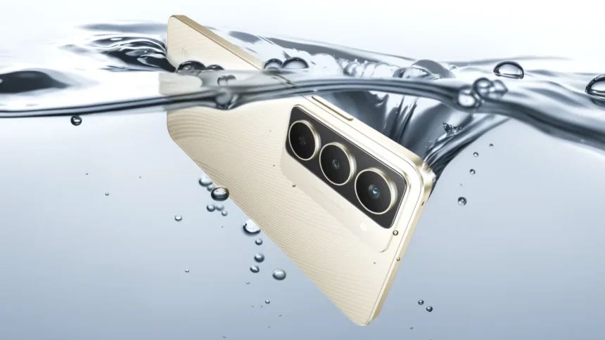 Realme Narzo 80x 5G smartphone immersed in water showing its IP69 waterproof design