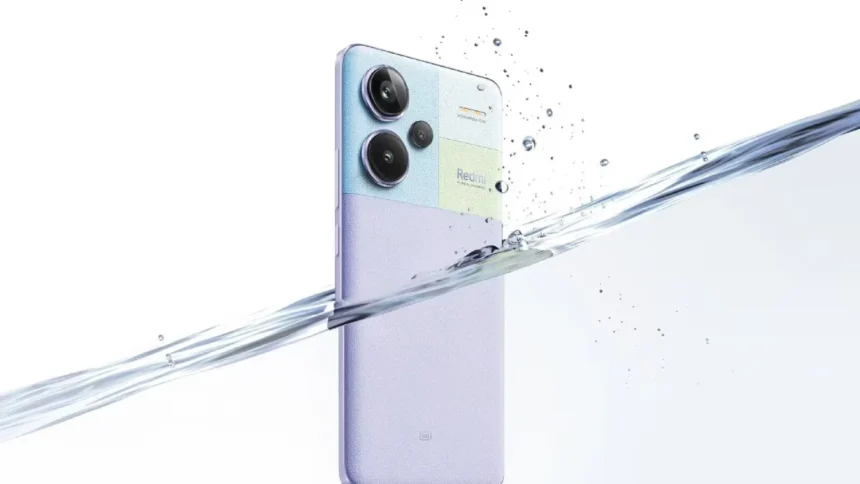 Redmi Note 13 5G smartphone with triple camera setup and splash-resistant design in water