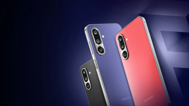 Samsung Galaxy F36 5G in three color variants – black, blue, and red – featuring dual rear cameras.