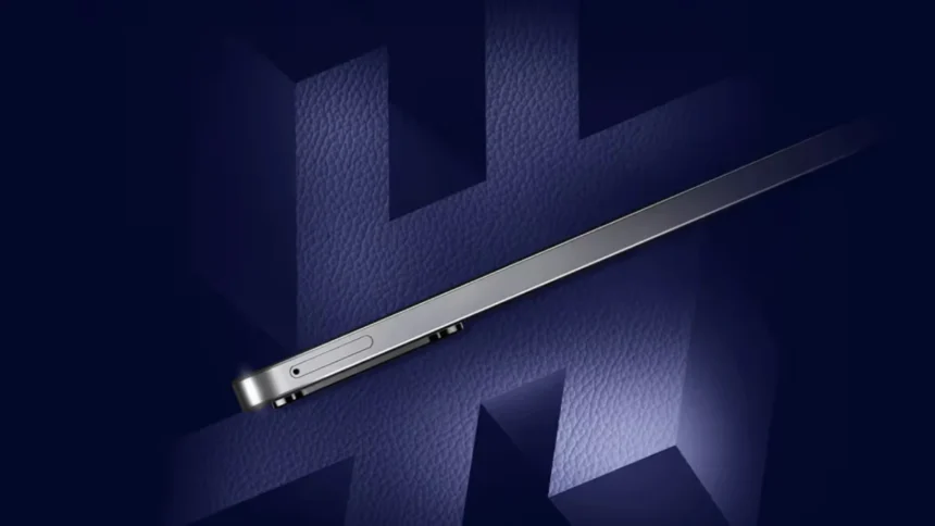 Side profile of a slim Samsung Galaxy F36 5G smartphone, showcasing its power button and SIM tray against a textured blue background.