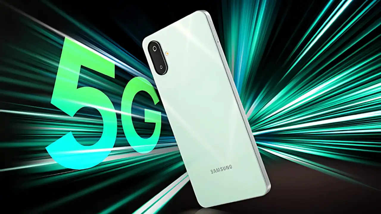 Samsung Galaxy M06 5G rear design with dual camera and 5G graphics background