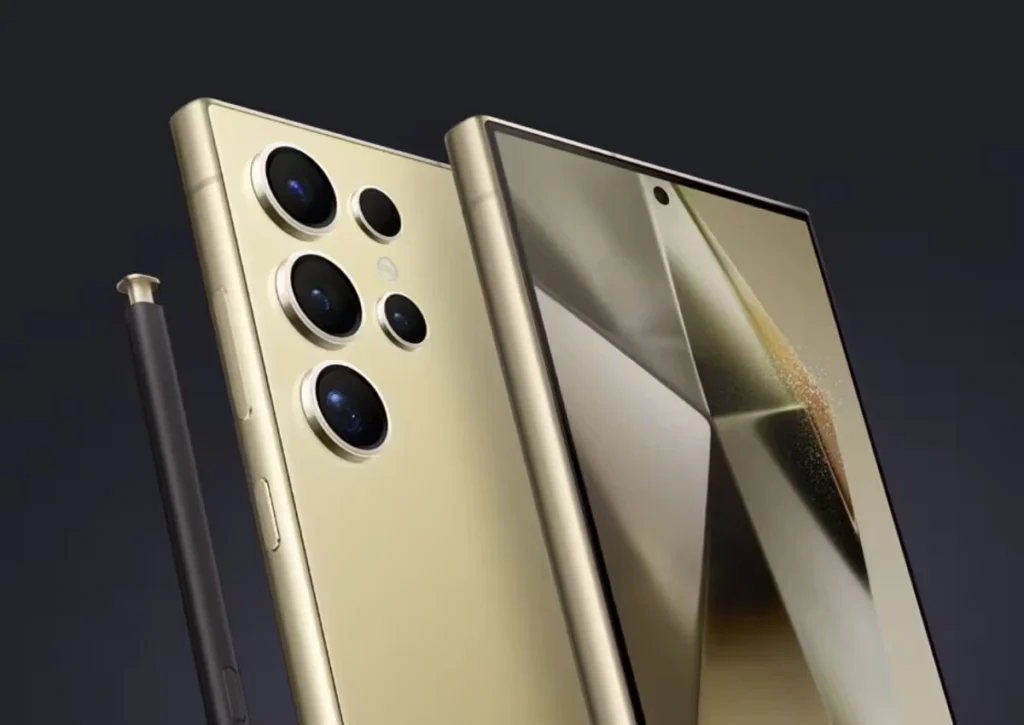 Samsung Galaxy S24 Ultra in Gold Finish with S-Pen and Quad Camera Setup