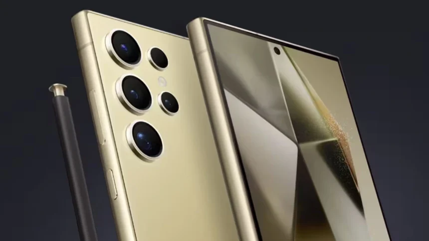 Samsung Galaxy S24 Ultra in Gold Finish with S-Pen and Quad Camera Setup