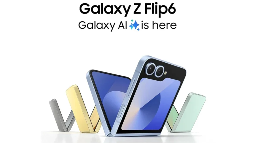 Samsung Galaxy Z Flip6 in multiple colors with foldable clamshell design and Galaxy AI branding