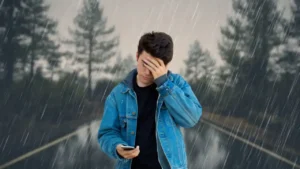 A person in a denim jacket looking distressed while holding a smartphone in heavy rain, with a wet road and trees in the blurred background.