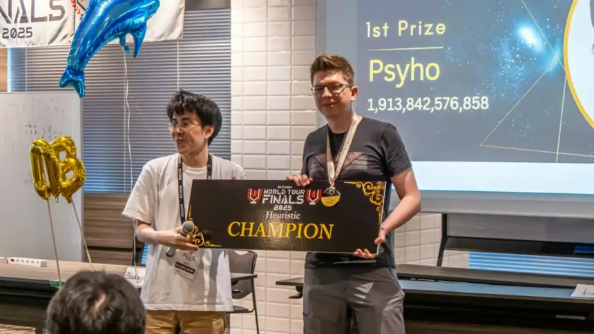 Champion Psyho receiving first prize at AtCoder World Tour Finals 2025 in Tokyo