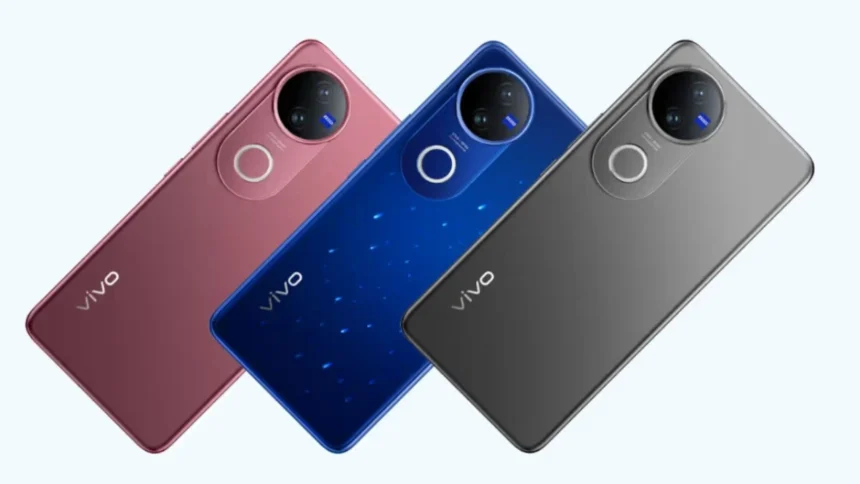 Vivo V60 smartphone in Mist Grey, Moonlit Blue, and Auspicious Gold color variants
