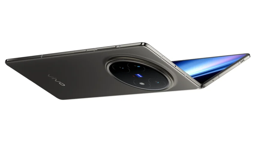 A dark grey Vivo X Fold 5 smartphone partially unfolded, showing its large circular camera module on the back and a glimpse of its internal display.