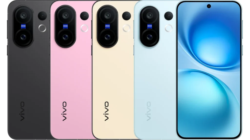 Four Vivo X200 FE smartphones in black, pink, gold, and light blue, lined up to show the back, with one light blue phone also showing its front display.