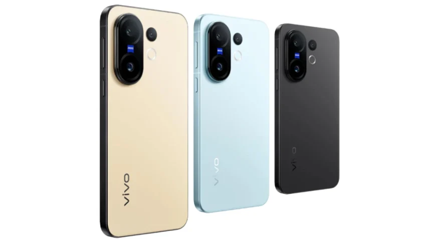 Three Vivo X200 FE smartphones in gold, light blue, and black colors, shown from the rear.