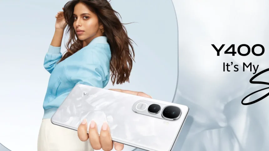 Vivo Y400 5G smartphone in Pearl White color held by a model