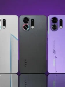 Oppo K13 Turbo smartphones in white, black, and purple with RGB ring lighting and gaming design