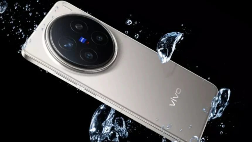 A silver Vivo smartphone, likely the X-series, with a large circular camera module featuring Zeiss branding, surrounded by splashing water droplets against a dark background.