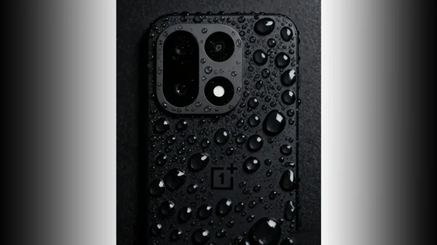 OnePlus 16 Pro का बैक पैनल जिसमें पानी की बूंदें और उन्नत ट्रिपल कैमरा सेटअप दिखाया गया है।